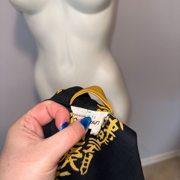 Vtg 60s Smartcraft Asian Inspired Dress Black Gold Textured Cotton Pinup Size 14 - Picture 6 of 8